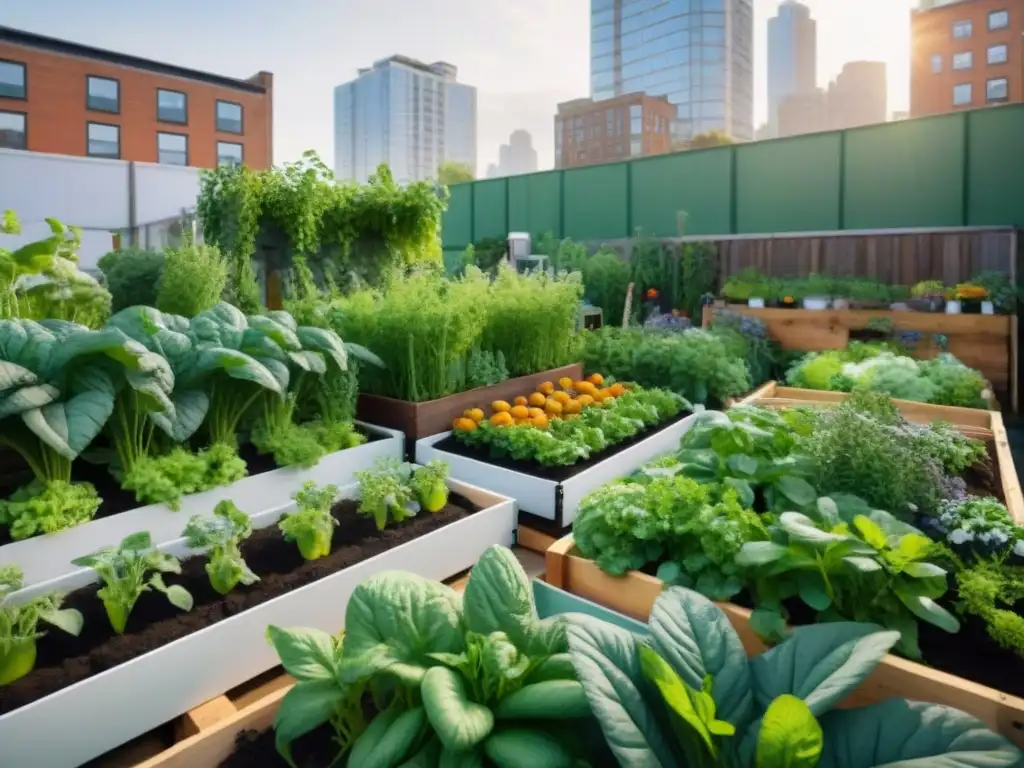 Una comunidad unida en la agricultura urbana sostenible, cultivando frutas y verduras coloridas en armonía