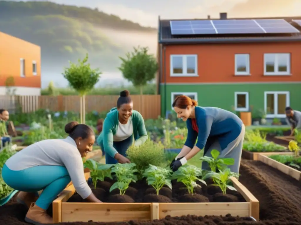 Una comunidad unida en un jardín cooperativo de viviendas sostenibles diseño, plantando árboles y conversando al atardecer