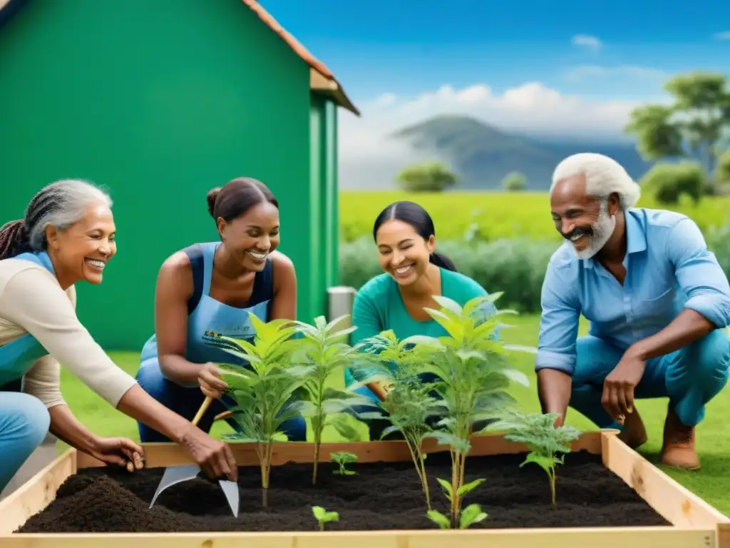 Comunidad unida construyendo vivienda verde respetuosa con el planeta en armonía con la naturaleza