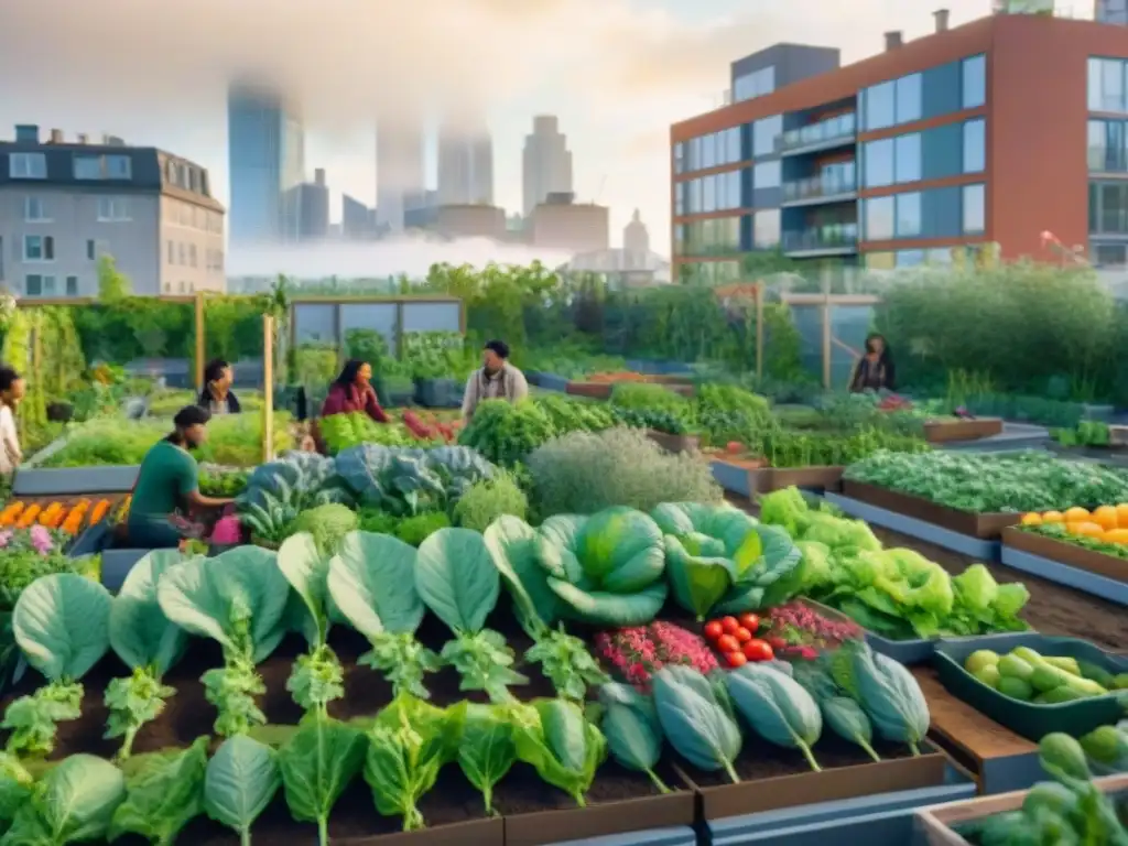 Una comunidad urbana sostenible y diversa, con personas de todas las edades y orígenes trabajando armoniosamente en un jardín comunitario