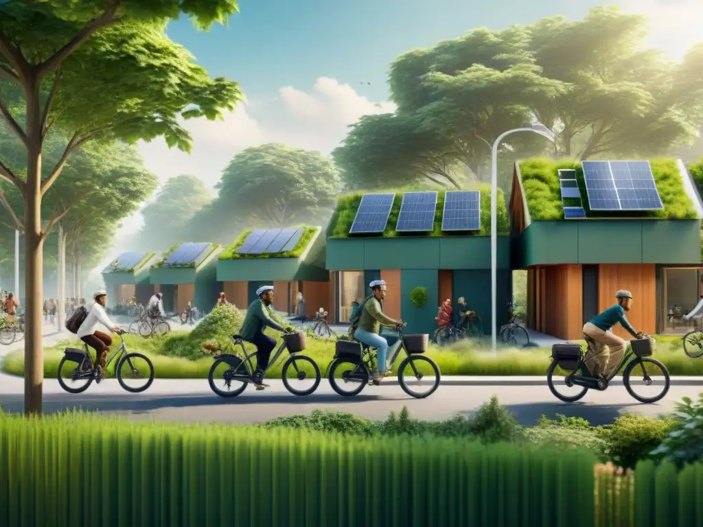 Una comunidad verde vibrante con personas de todas las edades montando bicicletas eléctricas en armonía con la naturaleza y la tecnología