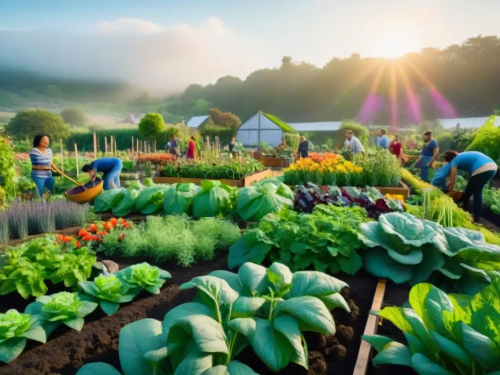 Comunidad de jardín vibrante y diversa, niños y adultos cuidando juntos, frutas y verduras coloridas en abundancia