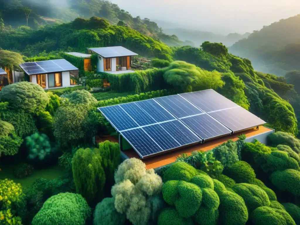 Una comunidad de viviendas ecológicas para un planeta sostenible, integrada en la naturaleza con paneles solares y jardines comunitarios vibrantes