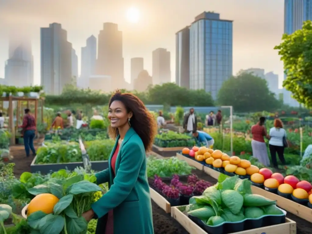 Comunidades sostenibles minimizan huella: Jardín urbano vibrante con diversidad de colores y personas cuidando plantas