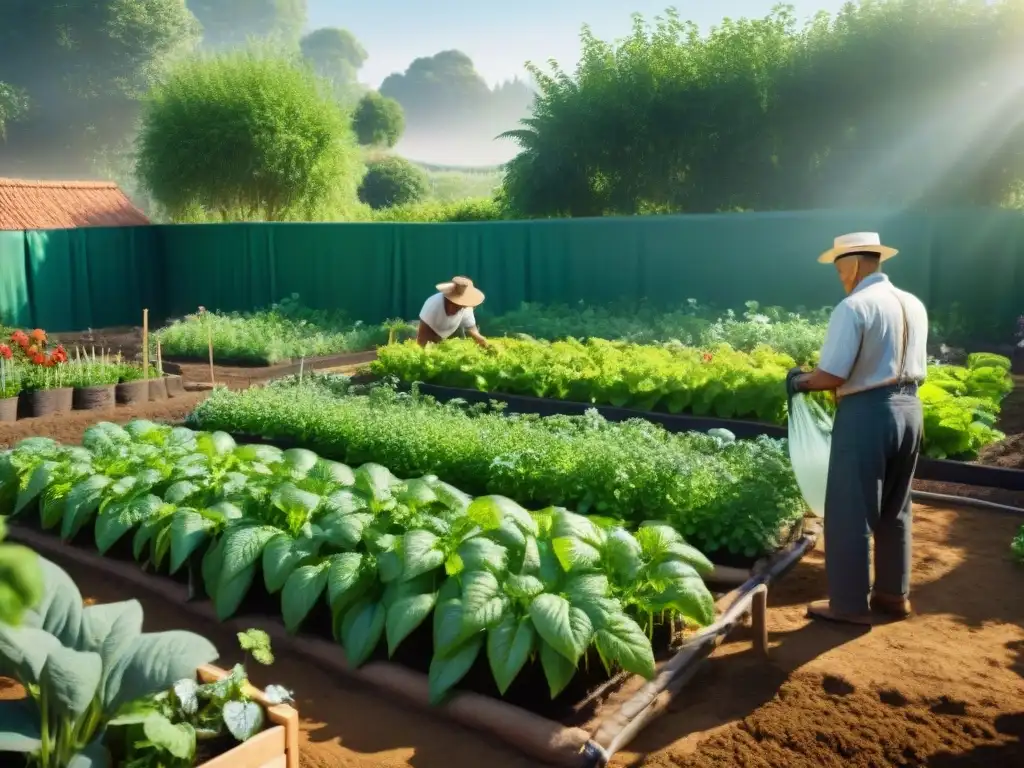 Jardín comunitario con soluciones sostenibles de fuentes de agua, personas diversas trabajando juntas bajo un sistema de riego eficiente