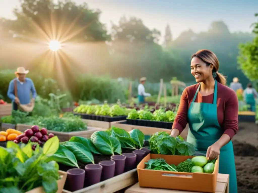 Un jardín comunitario sostenible con productos orgánicos vibrantes y materiales reciclados, donde la comunidad colabora en armonía al atardecer