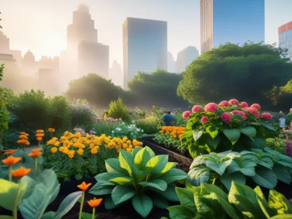 Jardín urbano: diversidad en acción con plantas, frutas y flores Un jardín comunitario vibrante con diversidad de personas cuidando plantas y flores, beneficiando la salud en huertos urbanos