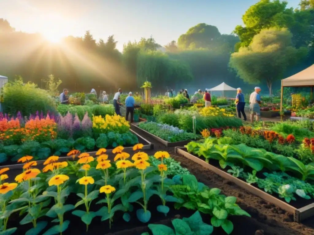 Un jardín comunitario vibrante con diversidad de plantas y flores coloridas