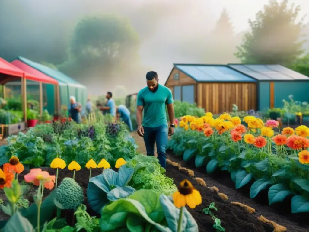 Un jardín comunitario vibrante y diverso, con flores coloridas, abejas zumbando y personas de todas las edades y orígenes cuidando frutas y verduras