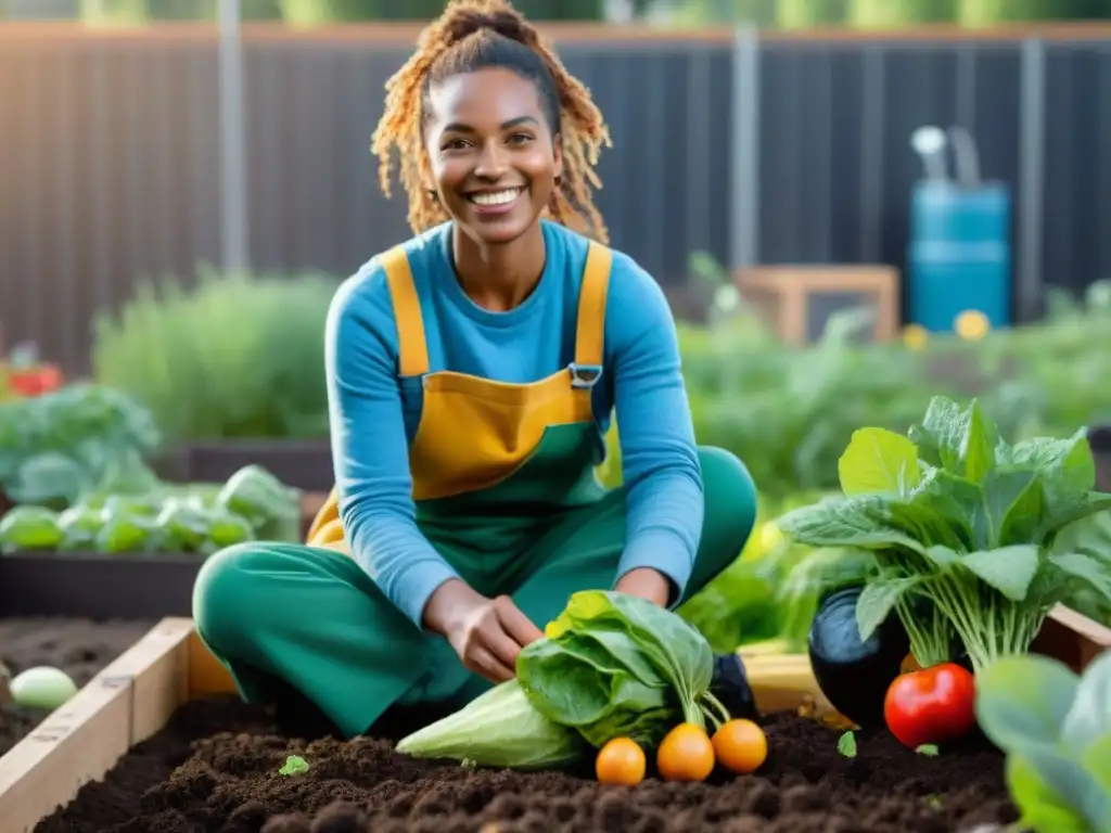 Un jardín comunitario vibrante y diverso donde niños de diferentes edades y orígenes trabajan juntos para plantar y cuidar frutas y verduras, mostrando la belleza de las comunidades sostenibles para criar hijos