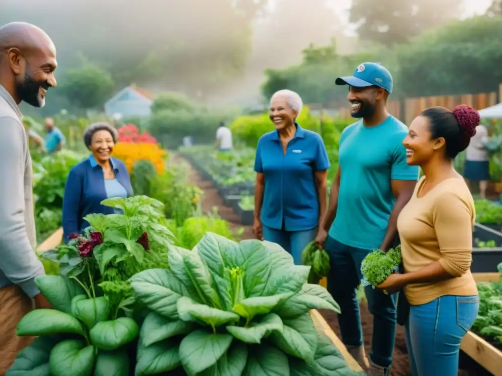 Un jardín comunitario vibrante donde personas de todas las edades colaboran en armonía, cultivando flores y vegetales con respeto al planeta