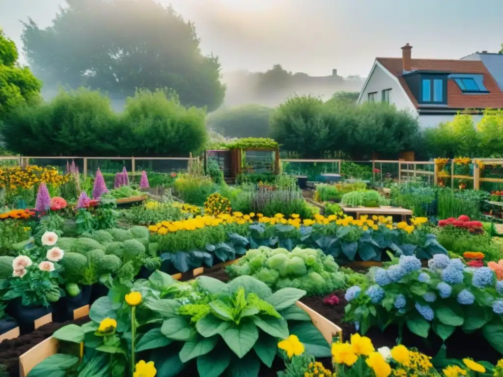 Un jardín comunitario vibrante en plena floración, reflejando la colaboración y la belleza de la naturaleza en la ciudad