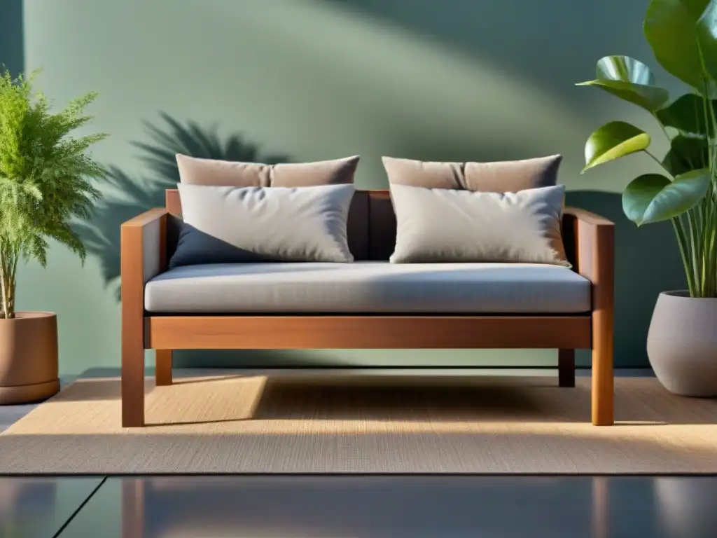 Un conjunto de muebles al aire libre sostenibles con diseño elegante y tonos terrosos en un jardín exuberante