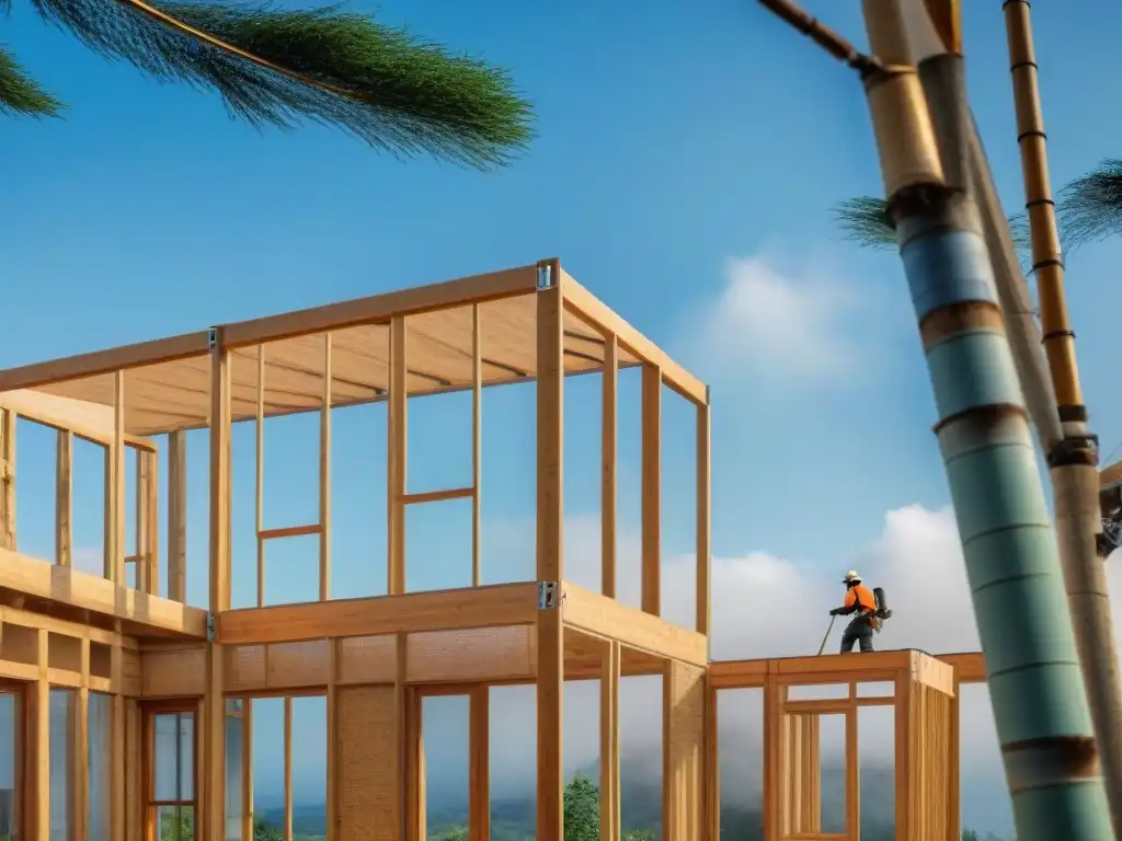 Construcción de casa ecoamigable con madera sostenible en medio de la naturaleza