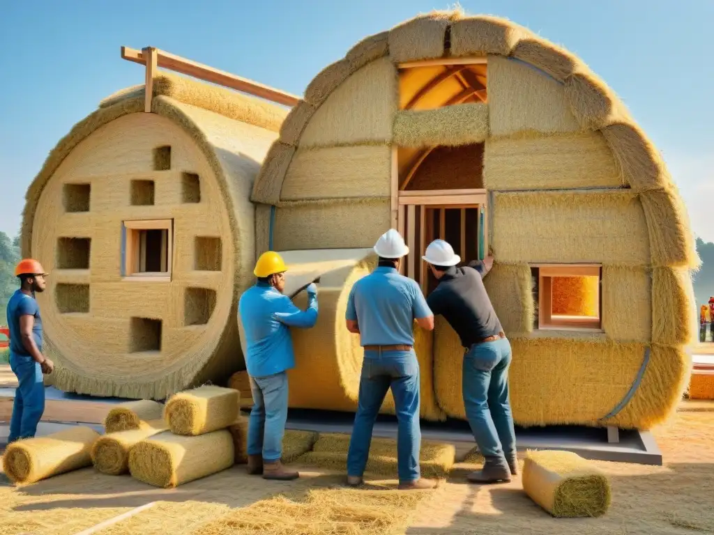 Construcción de casa de paja con aislantes naturales para arquitectura sostenible