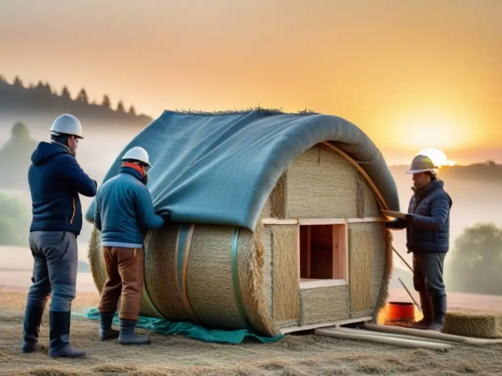 Construcción de casa de paja al atardecer, resaltando el uso de aislantes naturales para combatir el cambio climático