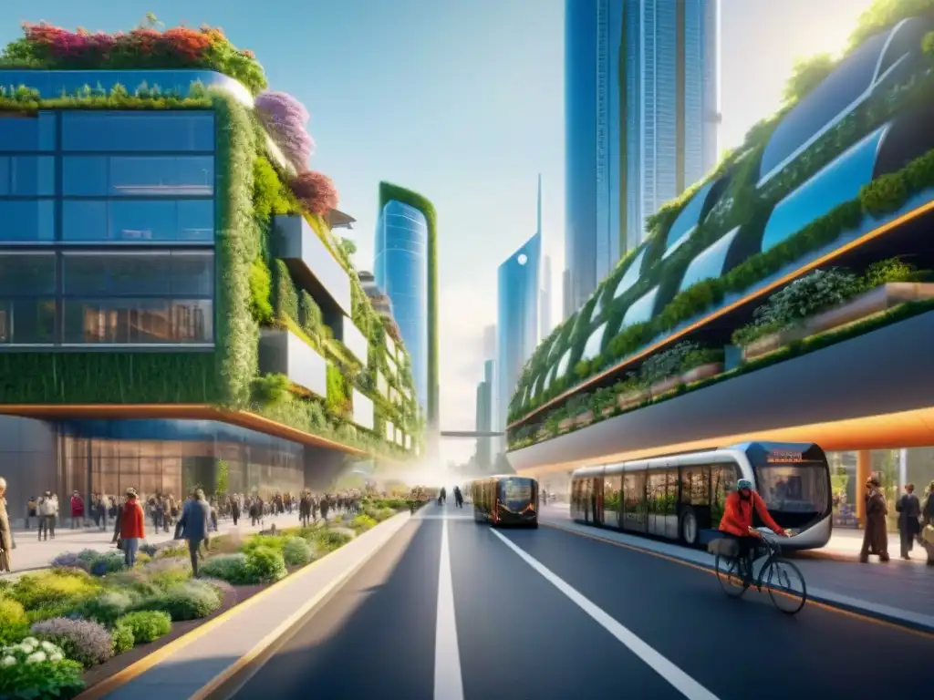 Construcción de ecociudades sostenibles: Ciudad futurista con arquitectura verde, paneles solares y jardines verticales integrados