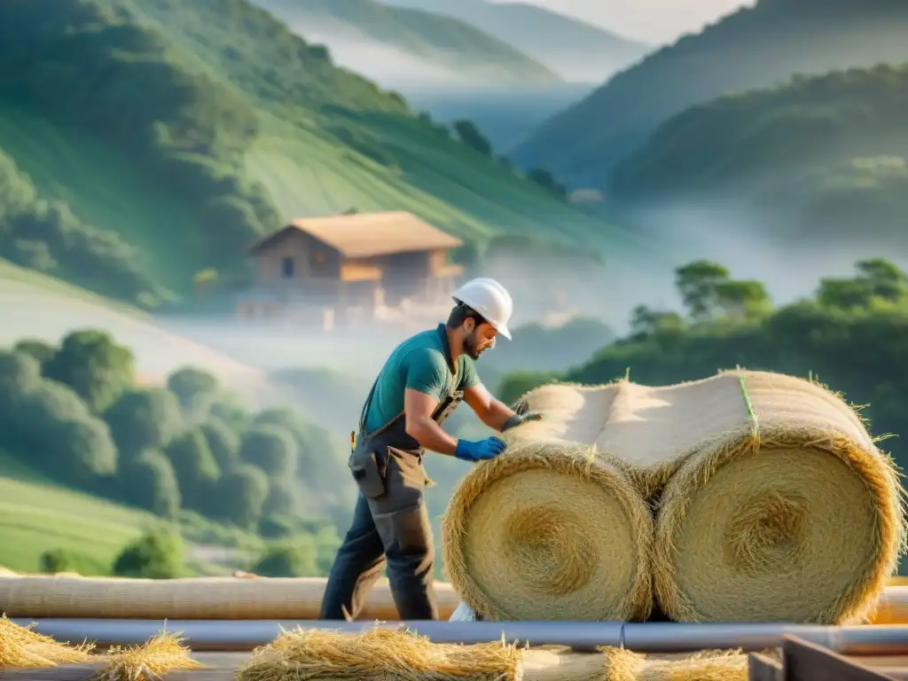 Construcción ecológica: casa de paja en armonía con la naturaleza Construcción de hogar ecoamigable con aislamiento natural de paja, bañado por la luz del sol en armonía con la naturaleza