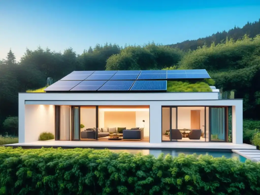 Construcción pasiva eficiencia energética: Casa moderna con paneles solares, ventanas triple vidrio y techo verde, integrada con la naturaleza