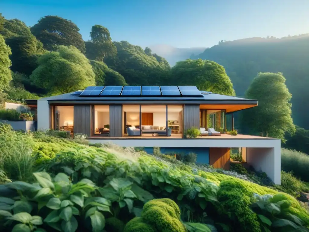 Construcción pasiva cero emisiones sostenibilidad: Casa moderna integrada en paisaje verde con diseño ecoamigable y tecnología verde