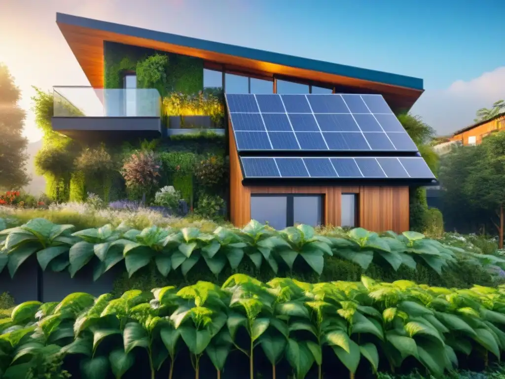 Construcción sostenible educando constructores: Edificio ecofriendly con paneles solares, muros verdes y jardín comunitario vibrante