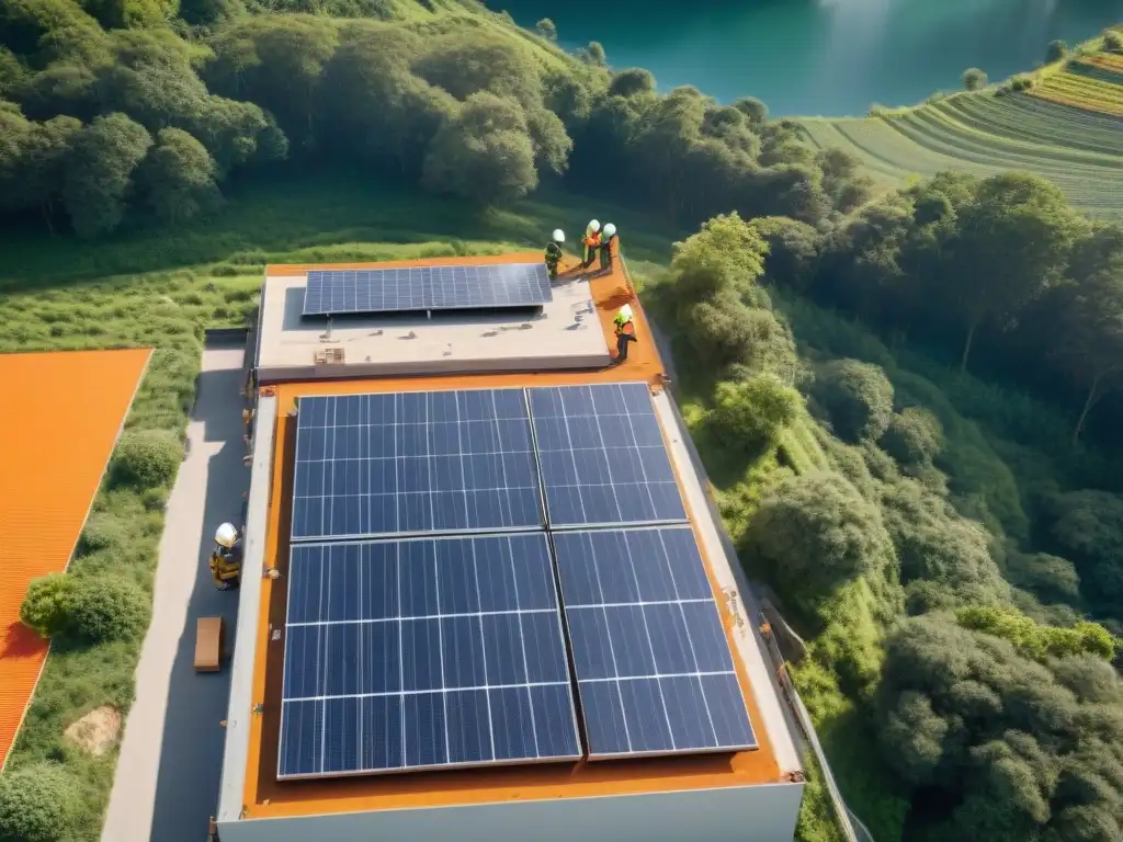 Constructores en obra sostenible instalan paneles solares en edificios ecológicos