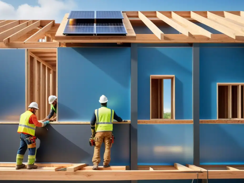 Constructores ensamblan pared con madera reciclada y paneles solares se instalan, reflejando materiales sostenibles para vivienda