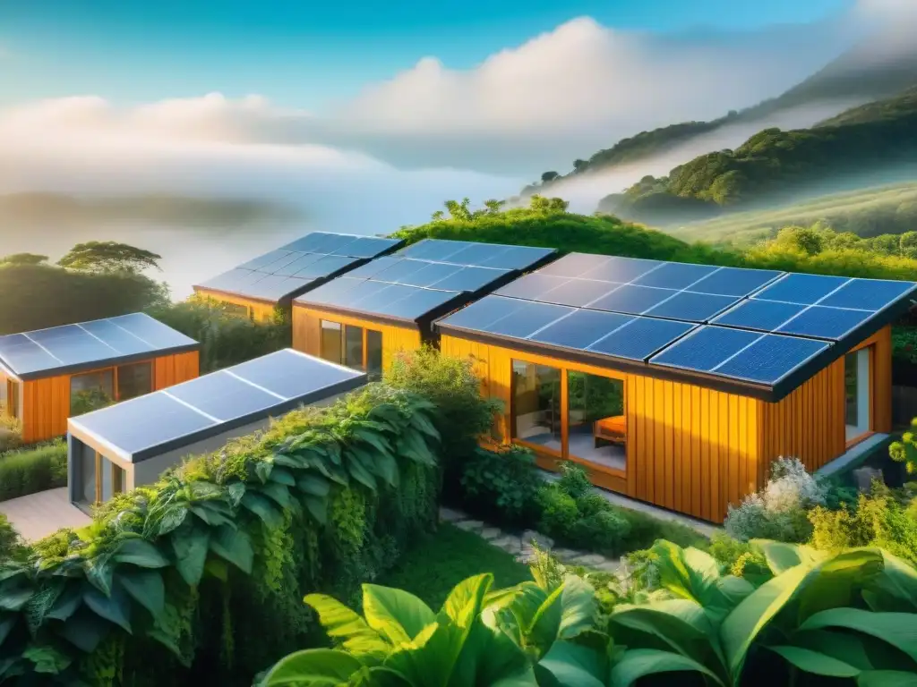 Una cooperativa sostenible integrada en la naturaleza, con paneles solares y jardines comunitarios