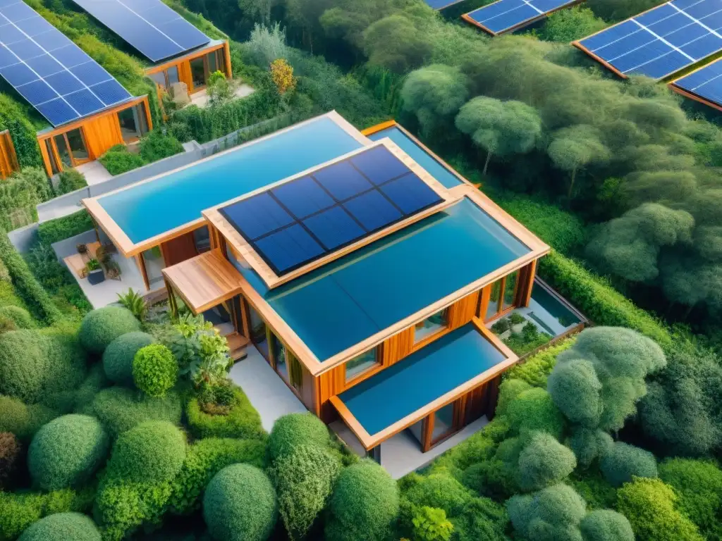 Desarrollo habitacional ecológico con materiales sostenibles en arquitectura entre vegetación exuberante bajo cielo azul