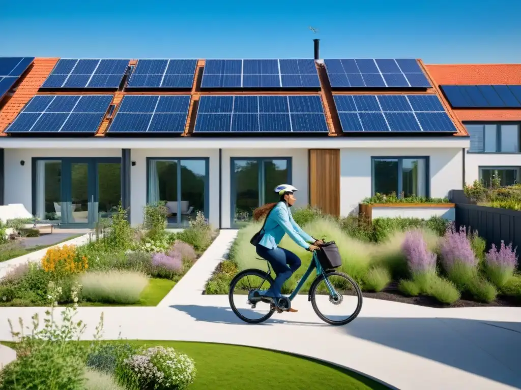 Un desarrollo habitacional moderno y ecológico con paneles solares y espacios verdes