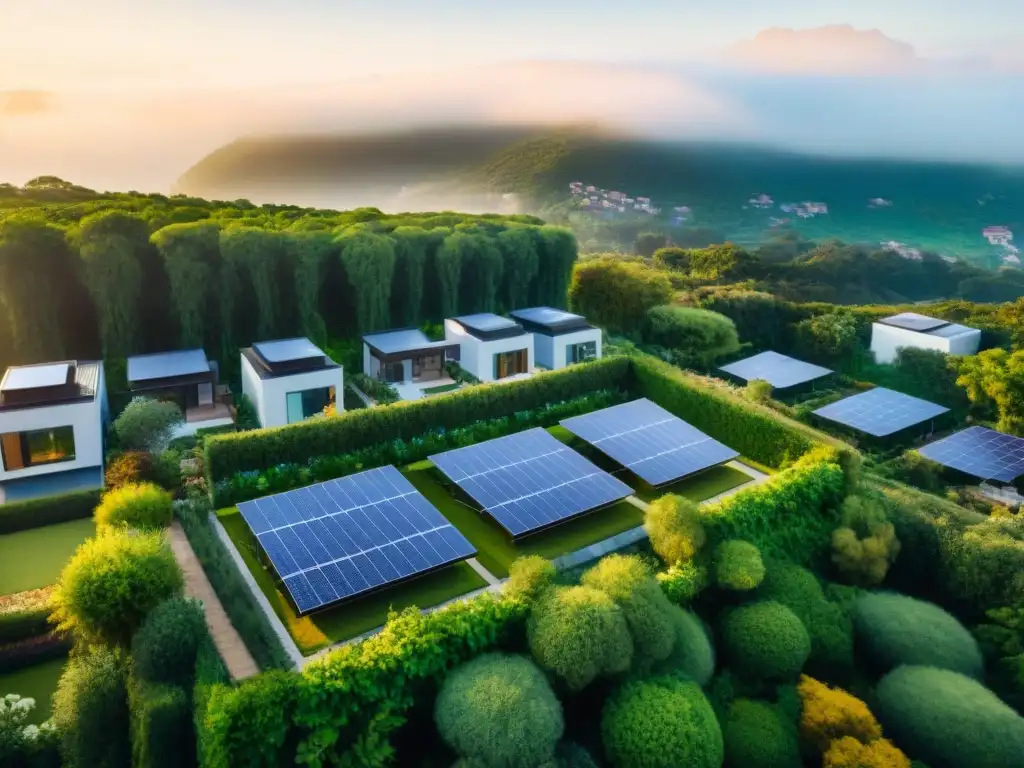 Un desarrollo inmobiliario ecológico rodeado de vegetación, con paneles solares y jardines comunitarios al atardecer