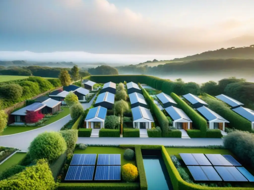 Un desarrollo residencial ecoamigable con paneles solares brillantes, espacios verdes y familias disfrutando de actividades sostenibles