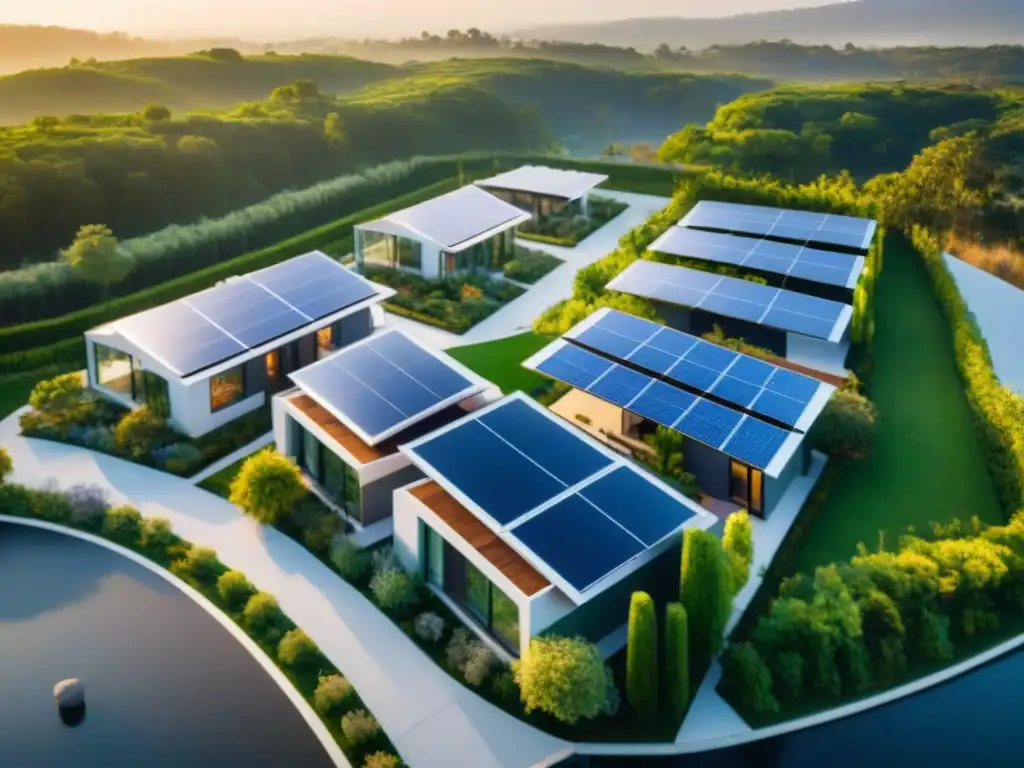 Un desarrollo residencial moderno y ecológico con paneles solares en el techo y espacios verdes exuberantes, en armonía con la naturaleza al atardecer