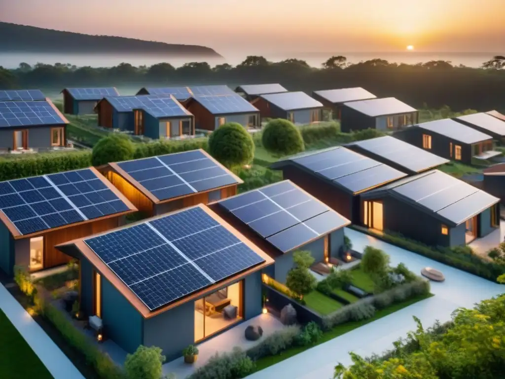 Un desarrollo residencial sostenible con paneles solares, áreas verdes y familias disfrutando del entorno