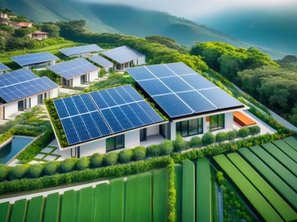 Un desarrollo residencial sostenible con paneles solares y áreas verdes