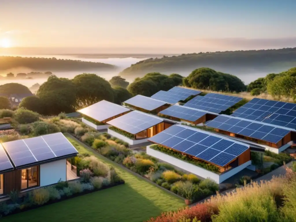 Desarrollo sostenible: hogares eco en armonía con la naturaleza Un desarrollo sostenible al atardecer, con paneles solares, sistemas de recolección de agua de lluvia, áreas verdes y familias disfrutando