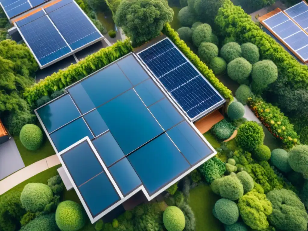 Un desarrollo urbano ecoamigable con paneles solares, espacios verdes y sistemas de recolección de agua de lluvia