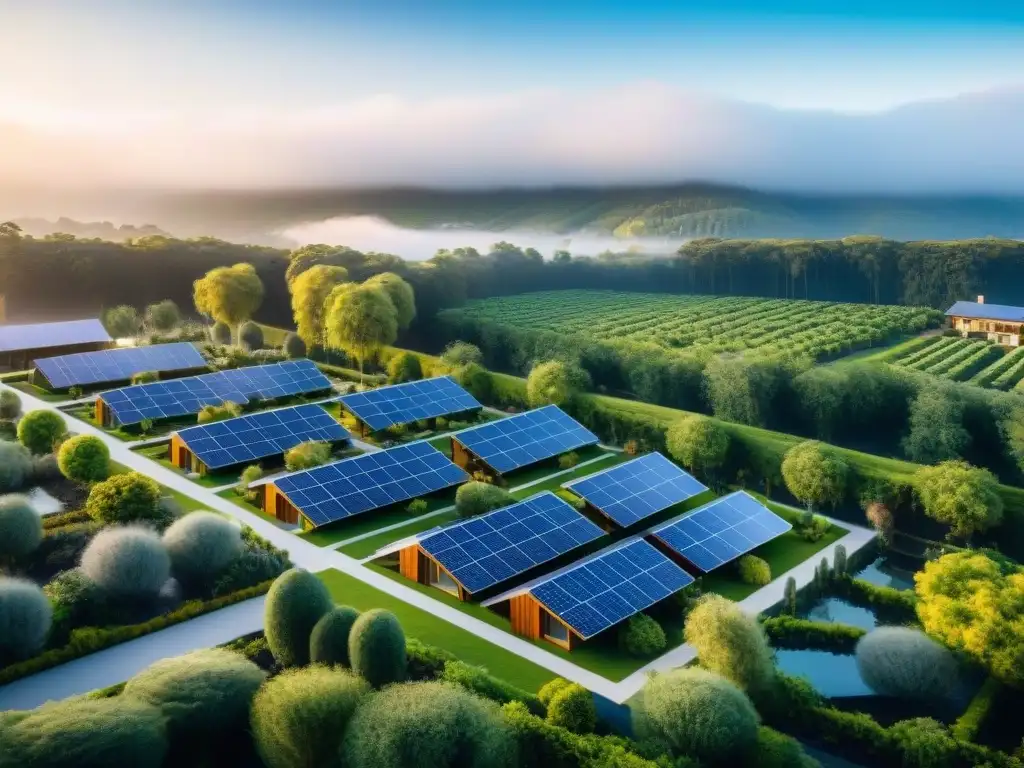 Un desarrollo de viviendas sostenibles muestra paneles solares, espacios verdes y sistemas innovadores de conservación de agua