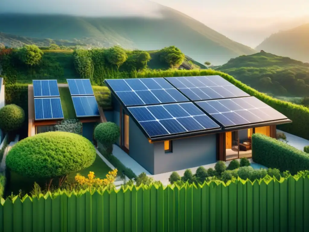 Un desarrollo de viviendas sostenibles con paneles solares, áreas verdes y familias disfrutando actividades ecoamigables como jardinería y ciclismo