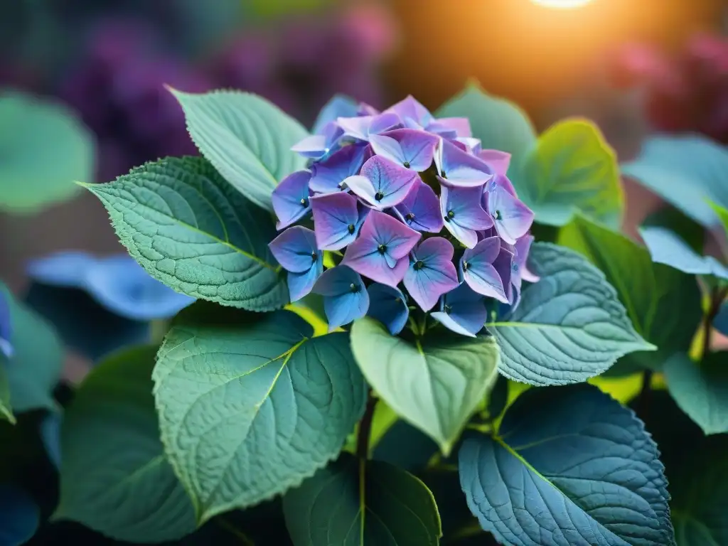 Una deslumbrante hortensia morada iluminada por la cálida luz solar en un jardín, capturando la estética y funcionalidad de las luces solares