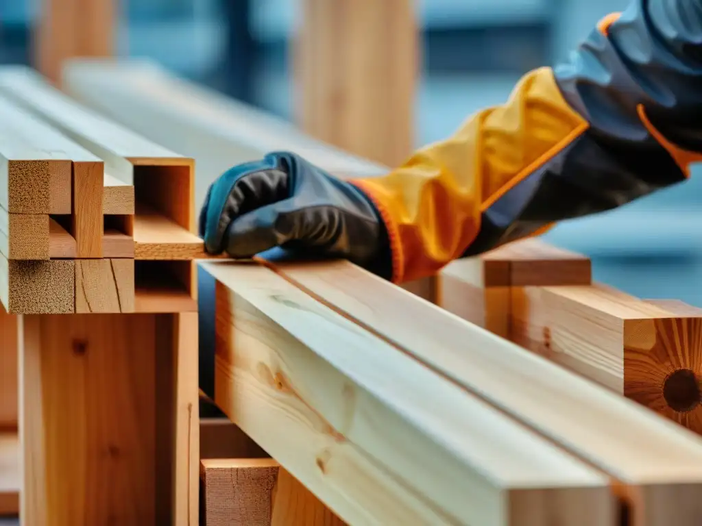 Detallada imagen de un obrero ensamblando madera laminada cruzada, resaltando su precisión y beneficios sostenibles en la construcción