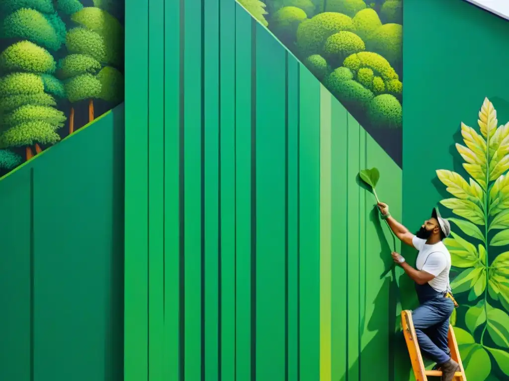 Detallada pintura mural de un artista en un edificio ecológico, mostrando la belleza de la naturaleza