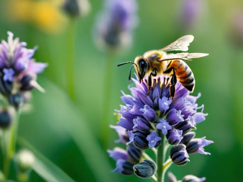 Detalle de abeja polinizando lavanda en campo floral, resaltando biodiversidad y emprendimiento para salvar abejas