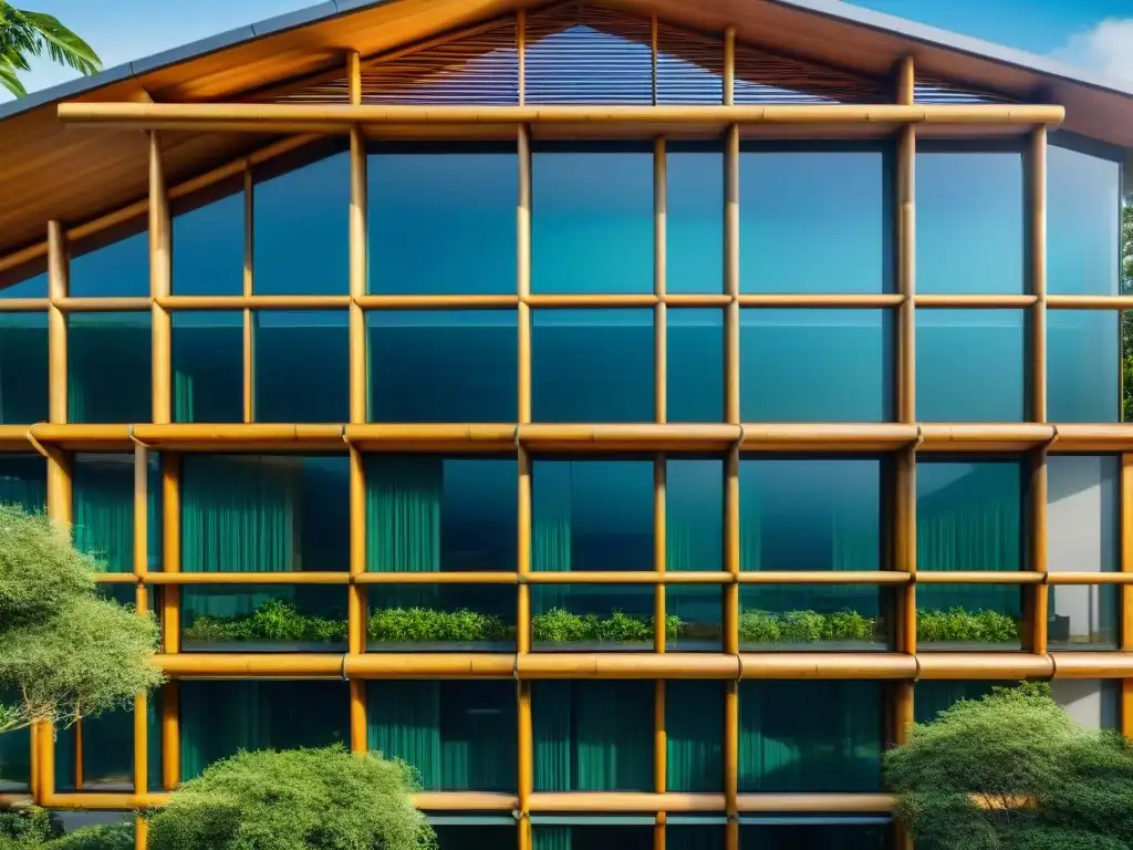 Arquitectura sostenible: diseño innovador con materiales eco-friendly Detalle de arquitectura moderna con materiales sostenibles como bambú, vidrio reciclado y paneles solares, resaltando innovación y armonía