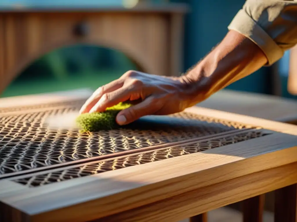 Detalle artesanal de acabados naturales para decoración sostenible en mueble de madera