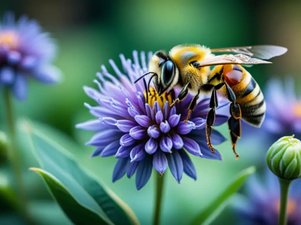 Detalle asombroso de abeja polinizando flor morada en jardín verde, resaltando la belleza del emprendimiento salvar abejas biodiversidad