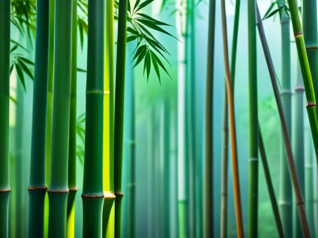 Detalle de un bosque de bambú, patrones intrincados de tallos y hojas, con una suave niebla