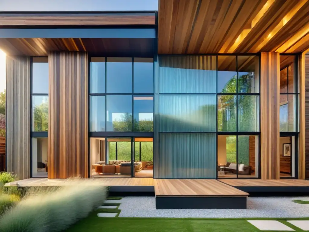 Detalle de casa sostenible con reutilización de materiales en arquitectura, fusión de madera, vidrio y metal reciclados