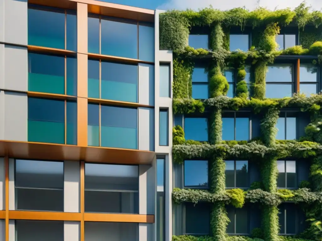 Detalle de edificio moderno cubierto de vegetación, fusionando arquitectura sostenible y naturaleza