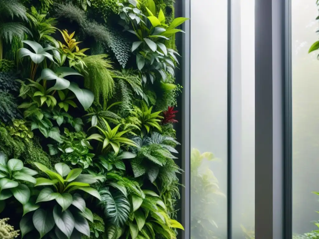 Detalle exuberante del muro verde en vivienda ecoamigable con diseño sostenible